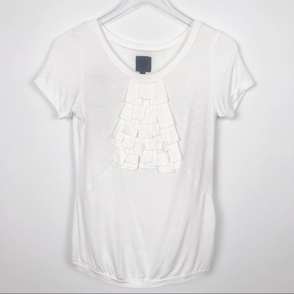 Anna Sui White Short Sleeve Ruffle Front Tee, purple flower, sequins on back